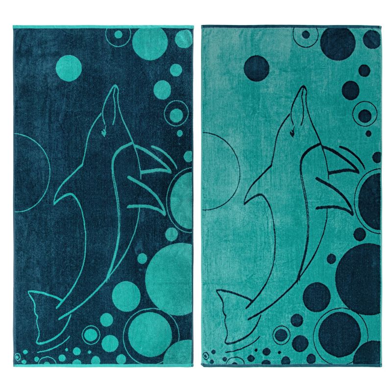Mystic Dolphin Cotton Oversized Reversible Beach Towel Set of 2 by Blue Nile Mills, 1 of 10