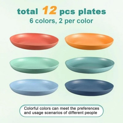 LunaLulinlk 10 Inch Wheat Straw Plates, 12 Pcs Unbreakable Dinner Set of 6 Colors, Lightweight