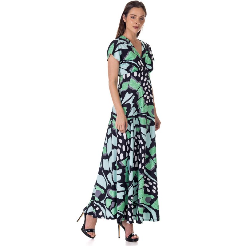 24seven Comfort Apparel Womens Oversized Butterfly Print V Neck Empire Waist Cap Sleeve Maxi Dress, 2 of 9