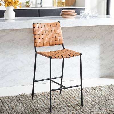 Cognac Leather and Black Metal Saddle Counter Stool