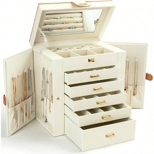 Women's 6 - Layer Jewelry Box with Mirror 5 Drawers, Large Organizer for Rings, Earrings, Necklaces, Bracelets, White - 1 of 4