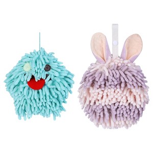 REGALWOVEN 2 Packs Fluffy Chenille Rabbit Shape Cute Soft Absorbent Hanging Ball Hand Towels 7" x 7" - 1 of 4