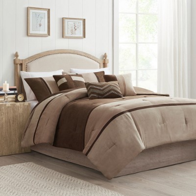 Lyngins 7-Piece Faux Suede Comforter Set – Colorblock Design, Hypoallergenic, Includes Shams, Pillows & Bed Skirt, Bedding Set for Cabin/Lodge Decor