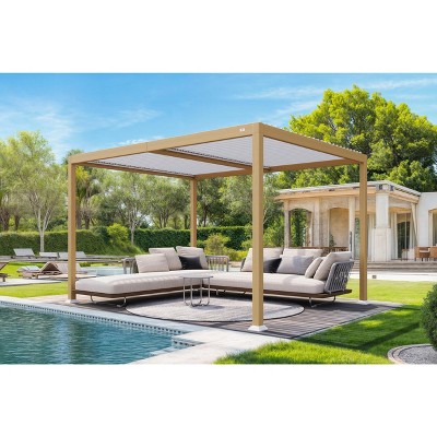 PURPLE LEAF Louvered Pergola Outdoor Aluminum Pergola with White Adjustable Rainproof Roof Wood Grain Frame Hardtop Gazebo for Patio Deck Garden