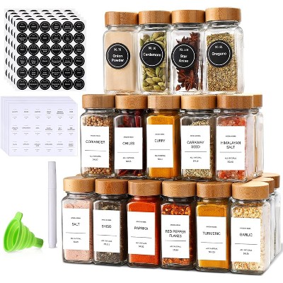 24Pcs Spice Jars with Labels, Glass Spice Jars with Bamboo Lids, Kitchen Essentials Seasoning Organizer