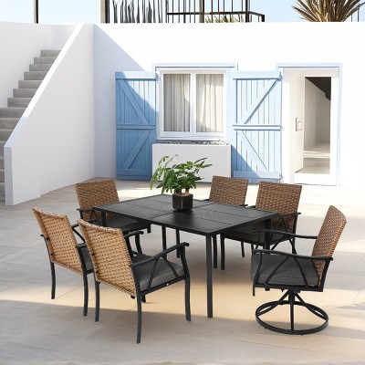 Outdoor Patio Dining Set, 7 Pcs Wicker Dining Set with Swivel Chairs and Cushion Chairs, Chairs with Steel Frame and Cushions-Coolbibila