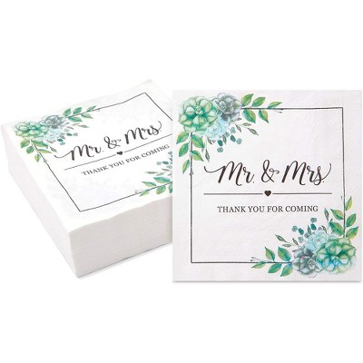 Sparkle and Bash 100 Pack Succulent Floral Mr. and Mrs. Paper Napkins for Wedding (6.5 x 6.5 x 0.01 inches)