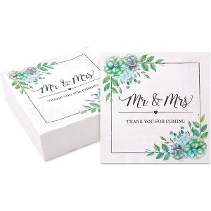 Sparkle and Bash 100 Pack Succulent Floral Mr. and Mrs. Paper Napkins for Wedding (6.5 x 6.5 x 0.01 inches) - 1 of 4