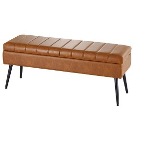 Itopfox Faux Leather Storage Ottoman Bench, Upholstered Entryway Bench with Storage for Living Room, Supports 660lbs - Cognac Brown - 1 of 4