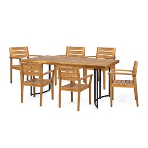 Noah 7pc Outdoor Modern Industrial Acacia Wood Dining Set - Teak/Black/Dark Brown - Christopher Knight Home: UV & Water-Resistant Patio Set - 1 of 4