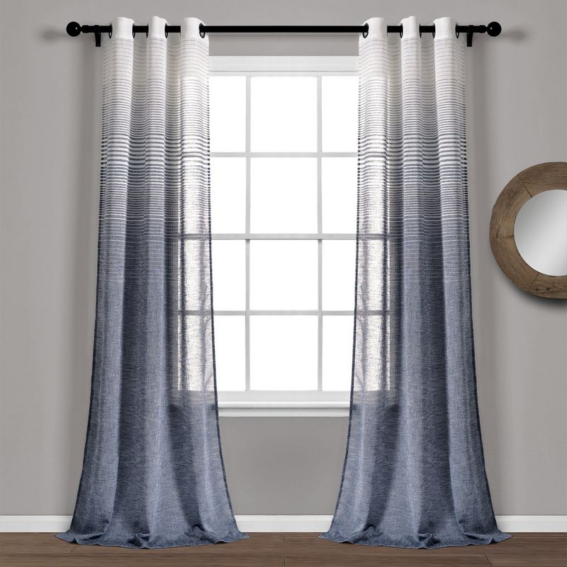 Home Boutique Ombre Stripe Grommet Sheer Window Curtain Panels Navy 38X84 Set, 1 of 2