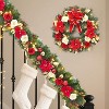 Acekool Holiday Front Door Wreath, 24 Inch Faux Pine with Red Flowers, Ribbon Bow, Gold Balls, Indoor Outdoor Festive Decor - 4 of 4