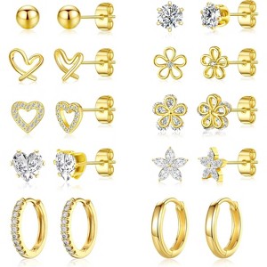 14K Gold Plated Stud & Huggie Set - Dainty CZ Flower & Heart Earrings for Women, Hypoallergenic Jewelry Gift - 1 of 4