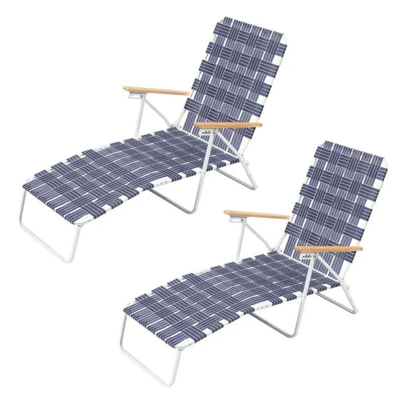 RIO Brands High Back Outdoor Folding Chaise Lounge Chair with Blue Woven Webbing, White Powder Coated Steel Frame and Hardwood Armrests, Blue (2 Pack), 1 of 7
