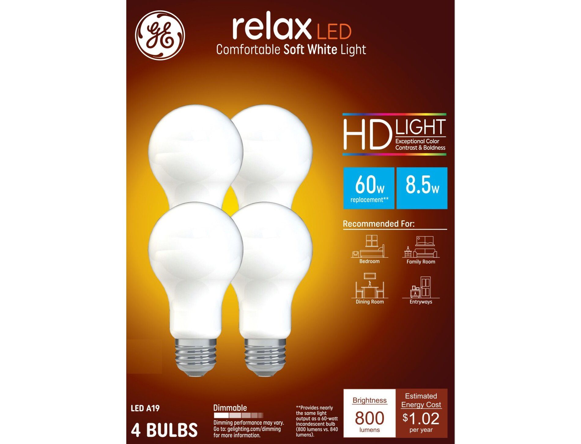 GE 4pk 60W Relax A19 LED HD Light Bulbs Soft White