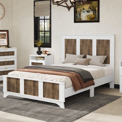NicBex Farmhouse Wooden Full/Queen Platform Bed Frame with High Headboard and Footboard,Solid Wood Slats Support,No Box Spring Needed,Easy Assembly