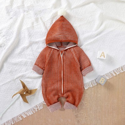 MyKids-USA Baby Solid Color Zipper Front Design Hooded Knitted Romper