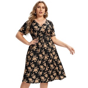 V Neck Hide Belly Dresses for Plus Size Women Sundress Drawstring Waist Short Sleeve Dress Fit and Flare Dress Midi Dress - 1 of 4
