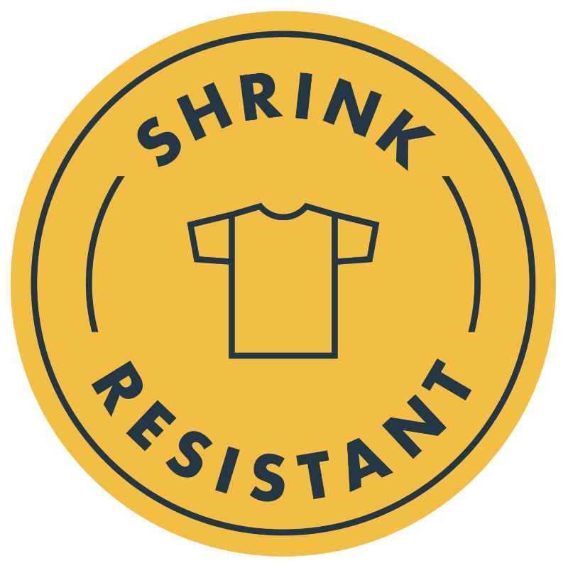 A yellow circular badge with the text "SHRINK RESISTANT" and an illustration of a t-shirt in the center.
