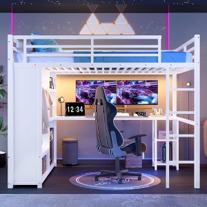 Queen Size Metal Loft Bed with Built-in Wardrobe, Desk and Storage Shelves, Space-Saving Workstation Loft Bed Frame,kids bed - 1 of 4