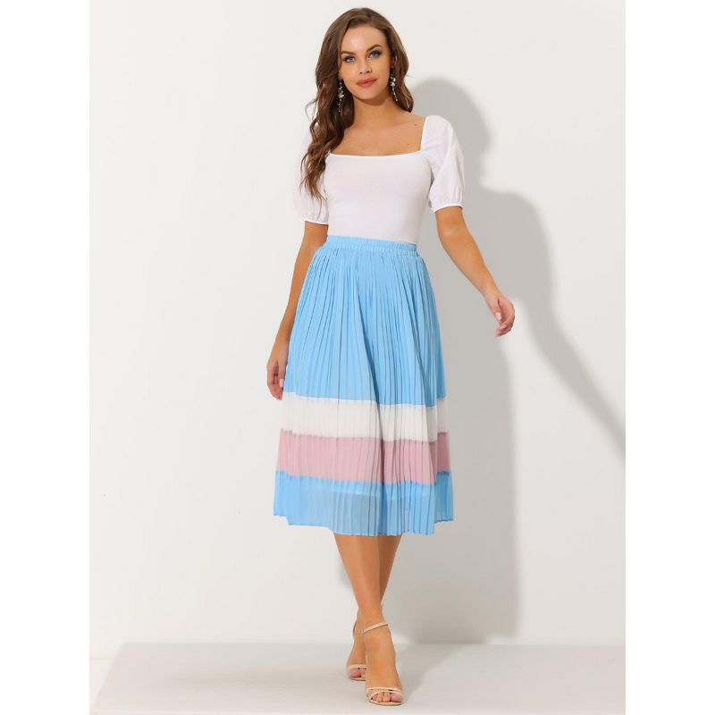 Allegra K Women's Elastic Waist Color Block A-Line Midi Pleated Chiffon Skirt, 3 of 6