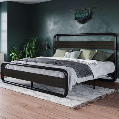 Allewie King Size Metal Bed Frame with Curved Wood Headboard and Footboard, Heavy Duty Platform Iron Bed with Under-Bed Storage, Easy Assembly, Black
