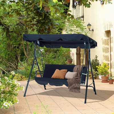 Black Steel Frame 3-Seat Outdoor Patio Swing with Adjustable Canopy