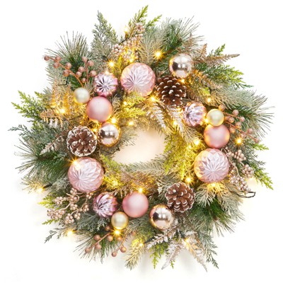 COZONY 22 Inch Pre-lit Pink Christmas Wreath, 30 LED Battery Operated Wreath with Ball Ornaments for Front Door Fireplace Window