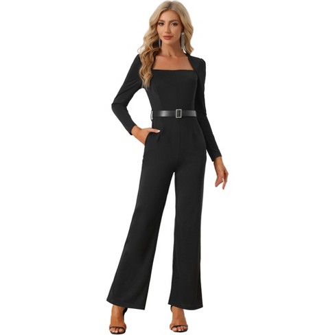 Allegra K Women's Elegant Square Neck Long Sleeve Wide Leg Long Pants  Dressy Jumpsuit Black Large : Target