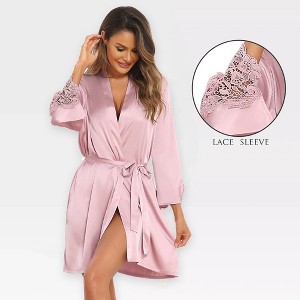 Womens Bridesmaid Robe Bride Robe Silky Robes Lace 3/4 Sleeve Bathrobe Duster Robes for Women - 1 of 4