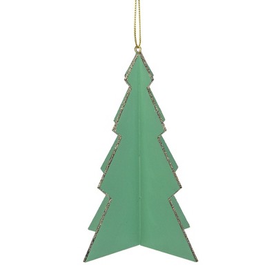 Northlight 5.25" Green 3D Tree With Silver Glitter Wooden Christmas Ornament