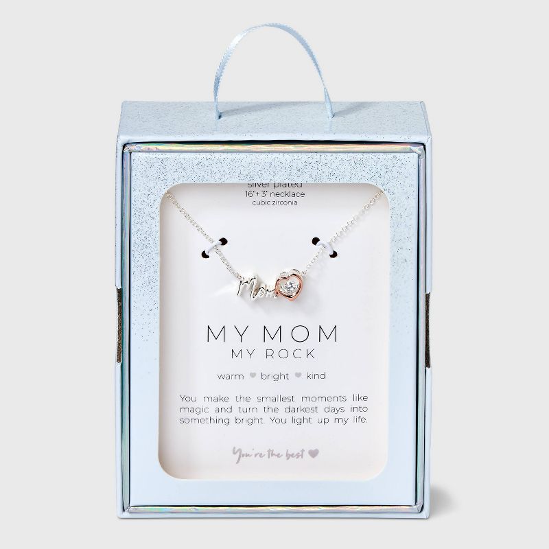 Silver Plated Two-Tone &#34;Mom&#34; Cubic Zirconia Heart Necklace - Rose Gold/Silver, 1 of 5