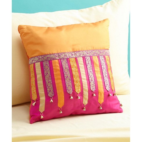 Bacati Tangerine Orange Fuchsia Gold Embellished Throw Pillow