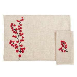 Saro Lifestyle Embroidered Berry Placemat and Napkin 8 pcs Set (4 Placemats, 4 Napkins) - 1 of 4