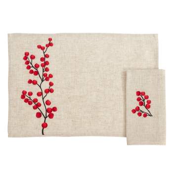 Saro Lifestyle Embroidered Berry Placemat and Napkin 8 pcs Set (4 Placemats, 4 Napkins)