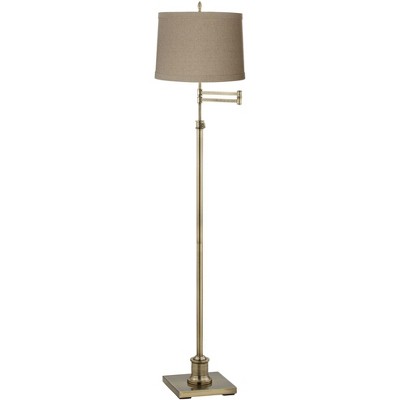 360 Lighting Swing Arm Floor Lamp Antique Brass Natural Linen Drum Shade for Living Room Reading Bedroom Office