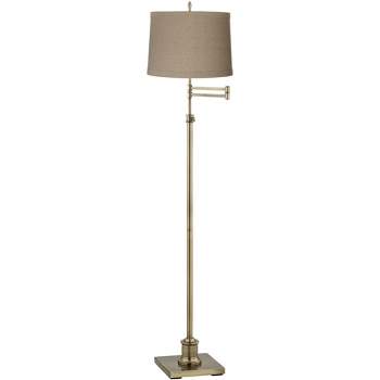 360 Lighting Swing Arm Floor Lamp 70" Tall Antique Brass Natural Linen Drum Shade for Living Room Reading Bedroom Office