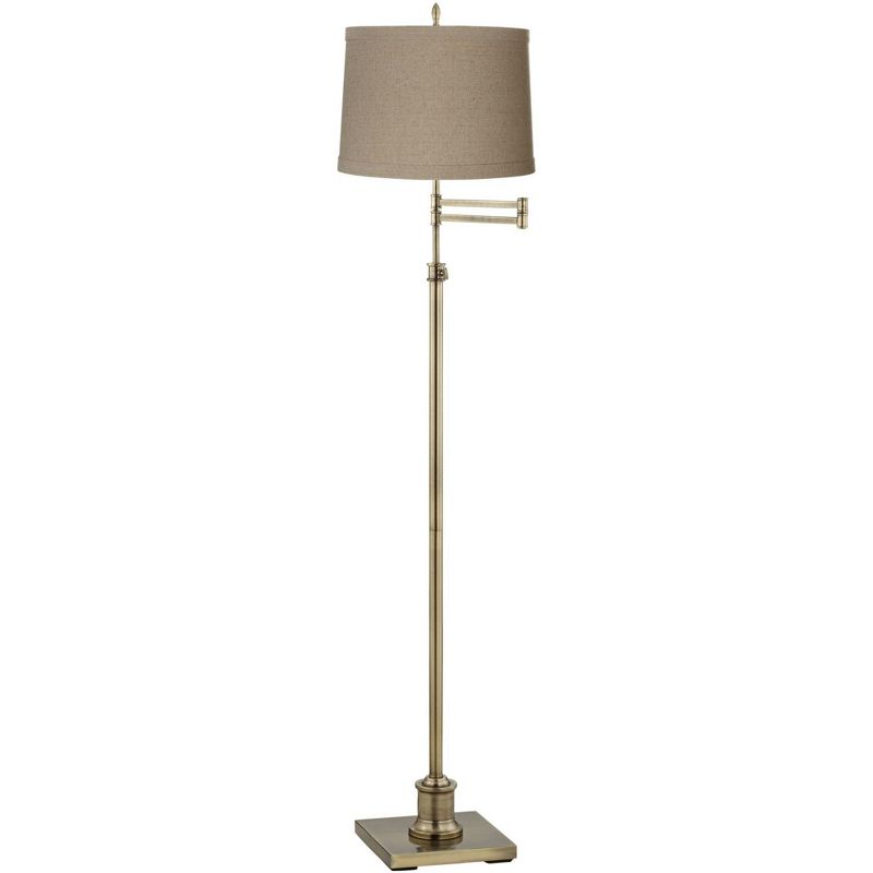 360 Lighting Swing Arm Floor Lamp 70" Tall Antique Brass Natural Linen Drum Shade for Living Room Reading Bedroom Office, 1 of 5