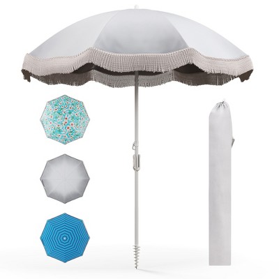 Tangkula 6.5 FT Beach Umbrella w/ Fringe Tassel Umbrella w/ Push Button Tilt Sand Anchor