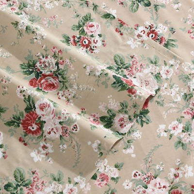 Twin Beige Floral Cotton Percale Sheet Set