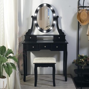 Vanity Desk, Girls Vanity Set with Lighted Mirror and Stool, Makeup Table with 5 Drawers,Vanity Dressing Table - 1 of 4