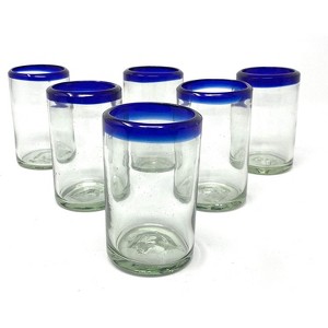 Dos Sueños Mexican Hand Blown  Juice Glasses - Blue Rim - 8oz - Set of 6 - 1 of 4