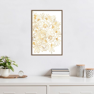 Gold Botanical-Inspired Floral Canvas Print with Beaded Frame
