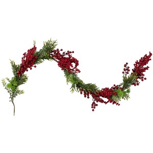 Northlight 5' x 12" Red Berry and Frosted Pine Christmas Garland - Unlit - 1 of 3