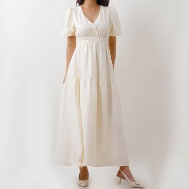 Women's V-Neck Midi Dress - Short Bubble Sleeves & Elastic Waist Casual  Dress Cherie Code Apricot XL : Target