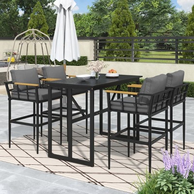 5-Piece Patio Dining Set with Cushioned Chairs and Acacia Wood Armrests, Ideal for Balcony, Backyard, Deck or Small Outdoor Spaces–The Pop Home