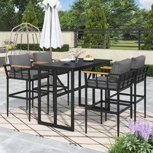 5-Piece Patio Dining Set with Cushioned Chairs and Acacia Wood Armrests, Ideal for Balcony, Backyard, Deck or Small Outdoor Spaces–The Pop Home - 1 of 4