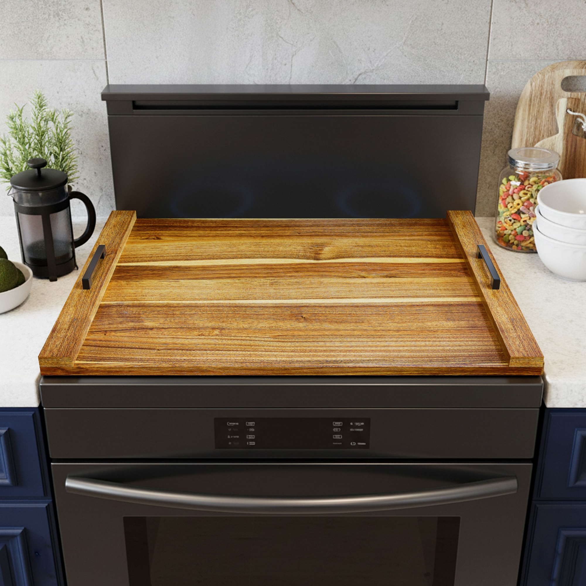 SpaceAid Wood Stove Cover & Serving Tray – Acacia Noodle Board with Handles for Gas & Electric Stoves, Countertop Organizer, 29.5" x 22"