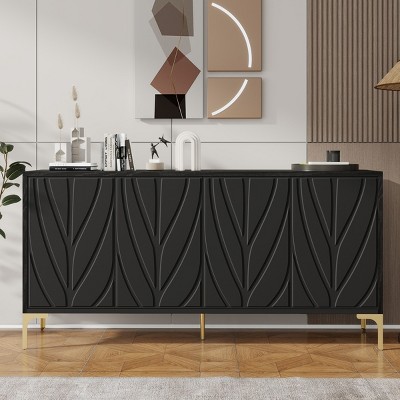 VYNXARIA 60"Sideboard Buffet Cabinet Handleless Press-to-Open Design,Carved Credenza Storage Cabinet with 4 Doors,Black