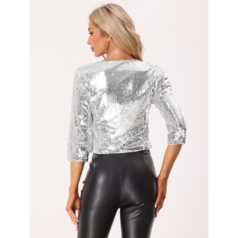 Allegra K Women's Sequin 3/4 Sleeve Open Front Party Shiny Glitter Sparkly Jacket, 4 of 6